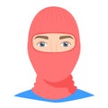 Man wearing balaclava helmet. Trendy worm headgear for cold weather. Facial mask for the whole head to wear under helmet