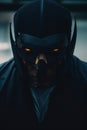 Man Wearing Batman Mask With Glowing Eyes at Night. Generative AI.