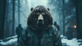 A man wearing a bear mask in a forest. Generative AI image.