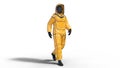 Man wearing biohazard protective outfit, human with gas mask dressed in hazmat suit for toxic and chemicals protection, 3D