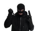 Man wearing black balaclava with knife and gun on white background Royalty Free Stock Photo