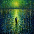 Luminous Impressionism: A Vibrant Mosaic Of A Man In A Green Pond