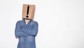 Man wearing a brown paper bag over his head with an exclamation mark Royalty Free Stock Photo