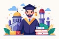 A man wearing a cap and gown stands in front of a building, Muslim graduation Customizable Disproportionate Illustration