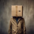 Man wearing a cardboard box on his head. AI-generated.