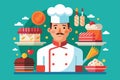 A man wearing a chefs hat stands in front of a selection of cakes in a bakery, Pastry chef Customizable Semi Flat Illustration Royalty Free Stock Photo