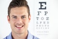 Man wearing contact lens with eye chart in background Royalty Free Stock Photo