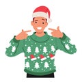Man Wearing A Cozy Christmas Ugly Sweater And A Santa Hat Exudes Festive Spirit With A Warm Smile And Twinkling Eyes