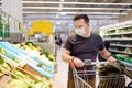 Man wearing disposable medical mask shopping in supermarket during coronavirus pneumonia outbreak