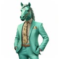 Anthropomorphic Horse In Green Suit: Hyper-realistic Satirical Cartoon
