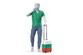 Man wearing face mask pulls a suitcase textured with flag of Bulgaria. 3D Rendering Royalty Free Stock Photo