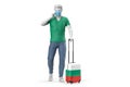 Man wearing face mask pulls a suitcase textured with flag of Bulgaria. 3D Rendering