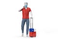 Man wearing face mask pulls a suitcase textured with flag of Chile. 3D illustration Royalty Free Stock Photo