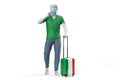 Man wearing face mask pulls a suitcase textured with flag of Italy. 3D Rendering Royalty Free Stock Photo