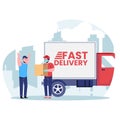 Man wearing face mask sending delivery package with fast delivery truck, delivery service concept Royalty Free Stock Photo