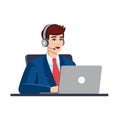 Man wearing formal suit with computer, headset. Illustration for support, call center, bank. Vector illustration