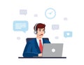 Man wearing formal suit with computer, headset. Illustration for support, call center, bank. Vector illustration Royalty Free Stock Photo