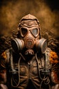 Man wearing gas mask and gas mask is standing in front of dark background. Generative AI Royalty Free Stock Photo