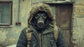 A man wearing a gas mask and jacket standing outside, AI Royalty Free Stock Photo