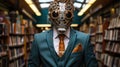 A man wearing a gas mask in a library, AI Royalty Free Stock Photo