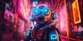 A man wearing a gas mask in a neon city. Generative AI image. Royalty Free Stock Photo