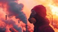 A man wearing a gas mask and red jacket standing in front of smoke stacks, AI Royalty Free Stock Photo