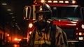 Man wearing gas mask standing in front of firetruck. Generative Ai technology Royalty Free Stock Photo