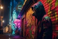 a man wearing a gas mask stands in front of a graffiti covered building at night