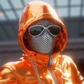 A man wearing a gas mask is wearing a bright orange hooded jacket. Nuclear winter fashion.