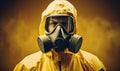 A Mysterious Figure in a Protective Gas Mask and Vibrant Yellow Jacket Royalty Free Stock Photo