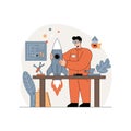 Male engineer assembling small rocket in workshop flat design space technology vector art Royalty Free Stock Photo