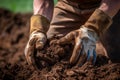 Man wearing glove working in garden mixing soil, sustainability and soil fertility concept. generative ai