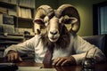 Man wearing goat mask sitting at desk with computer. Generative AI