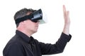 Man wearing goggle headset virtual reality world VR concept tech