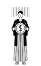 Man wearing Hakama with crest an image of exchange loss or dollar depreciation