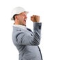 Man wearing a hardhat cheering in jubilation