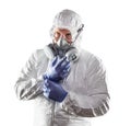 Man Wearing Hazmat Suit, Goggles and Gas Mask Isolated On White