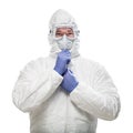 Man Wearing Hazmat Suit, Goggles and Medical Face Mask Isolated On White