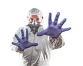 Man Wearing Hazmat Suit Reaching Out With Hands Isolated On White