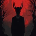 Dark Forestland: A Bold Graphic Illustration With A Mysterious Man In A Suit