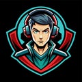 A man wearing headphones on his face, possibly listening to music or gaming, gamer in headphones Logo