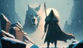 A man wearing a hood and holding a spear is facing a giant winter wolf, illustration painting