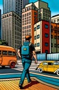 A man wearing jeans and carrying a bag was walking on the sidewalk wanting to cross the street at a city intersection. Comic style