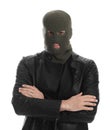 Man wearing knitted balaclava on white background Royalty Free Stock Photo