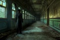 A man wearing a long coat and top hat stands inside an abandoned train station, A spectral train conductor forever waiting at an Royalty Free Stock Photo