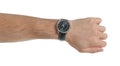 Man wearing luxury wrist watch on white background, closeup Royalty Free Stock Photo