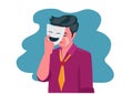 Man wearing a mask with a smile but hide the real face that is crying in sorrow, flat style cartoon vector illustration