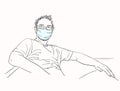 Man wearing medical face mask and eyeglasses is sitting in relaxing pose, Hand drawn portrait