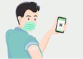 Man wearing a medical mask. Handholds smartphone show vaccination certificate Immunity Covid19