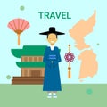 Man Wearing National Korean Dress Over South Korea Map And Temple Or Palace Building Background